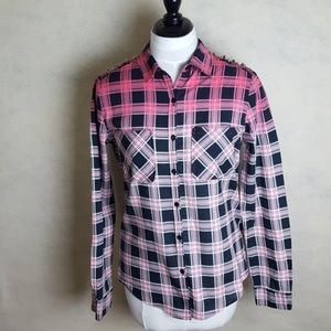 Ombre pink & black plaid w/Studded Shoulder